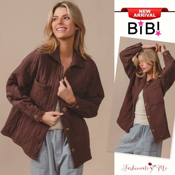 BiBi Quilted Wrinkle Gauze Long Sleeves Chest Pockets Oversized Shacket | Mocha - Picture 1 of 6
